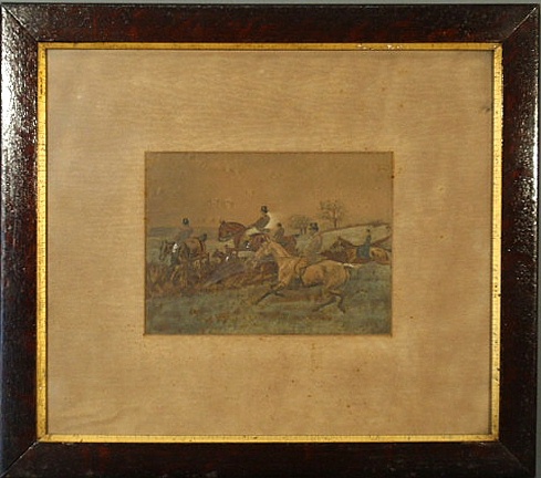 Gouache of foxhunters taking a fence
