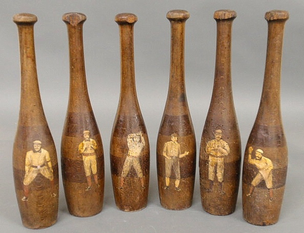 Set of six wood bowling pins c.1900