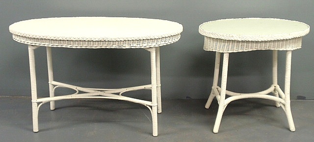 Two oval white wicker tables 20th 15912b