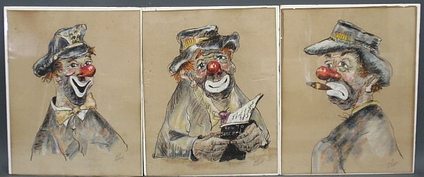 Three crayon portraits of clowns 15914a