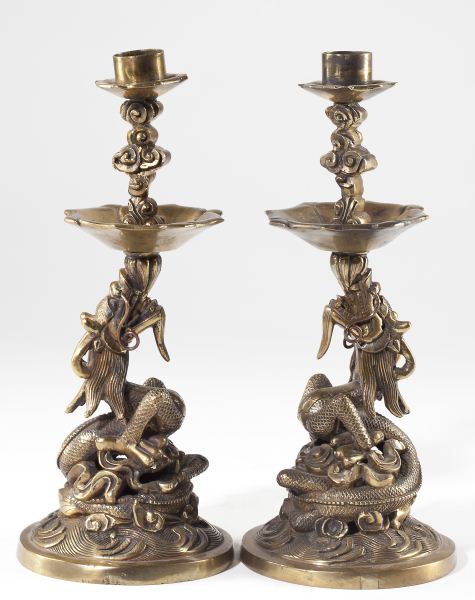 Pair of Chinese Dragon Form Candlestickslate