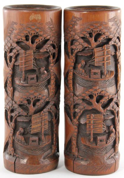 Pair of Chinese Carved Bamboo Vaseseach