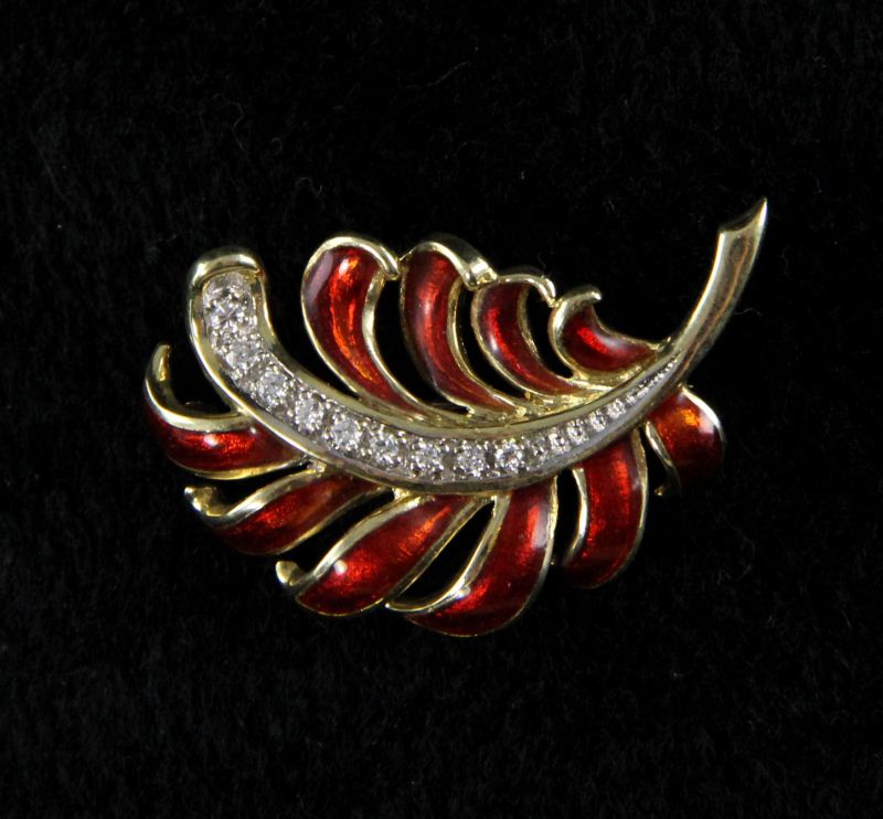 14KT Diamond and Enamel Leaf Brooch 15bf95