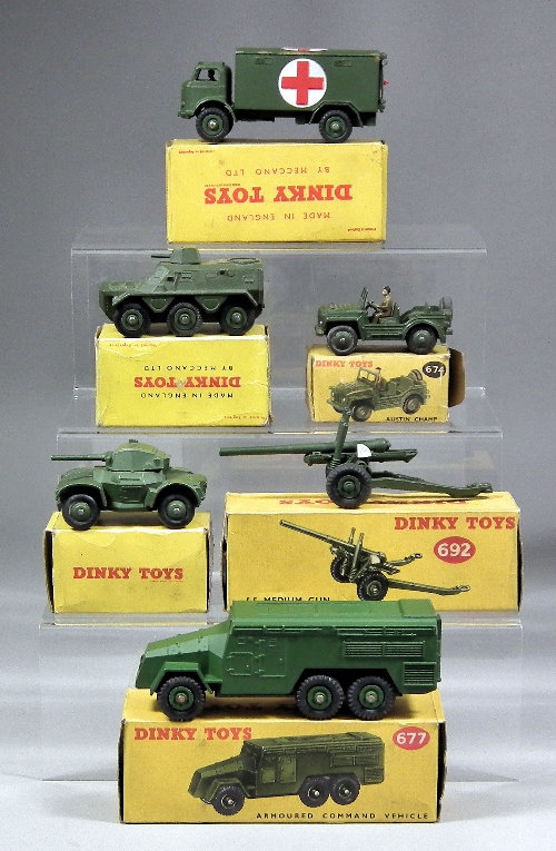 Six Dinky Toys diecast model army