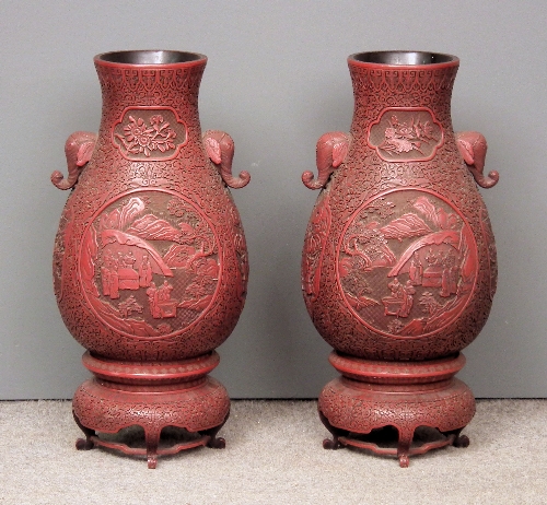 A pair of Chinese red cinnabar 15c3ce