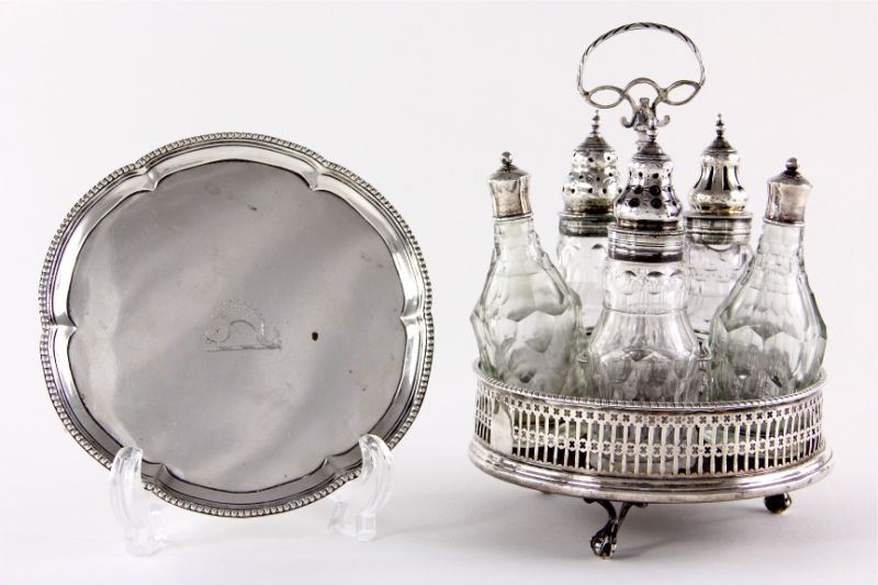 George III Silver Cruet Set & Salverthe