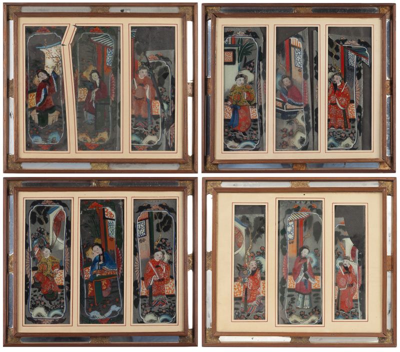 Set of Four Chinese Eglomise Paintingspresented