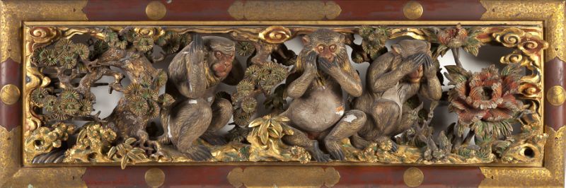 Japanese Carved Wood Three Monkeys Plaquecirca