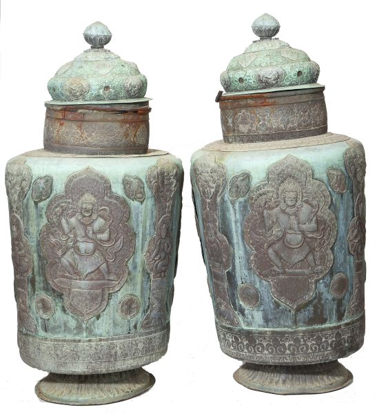 Pair of Indonesian Copper Temple Jars17th