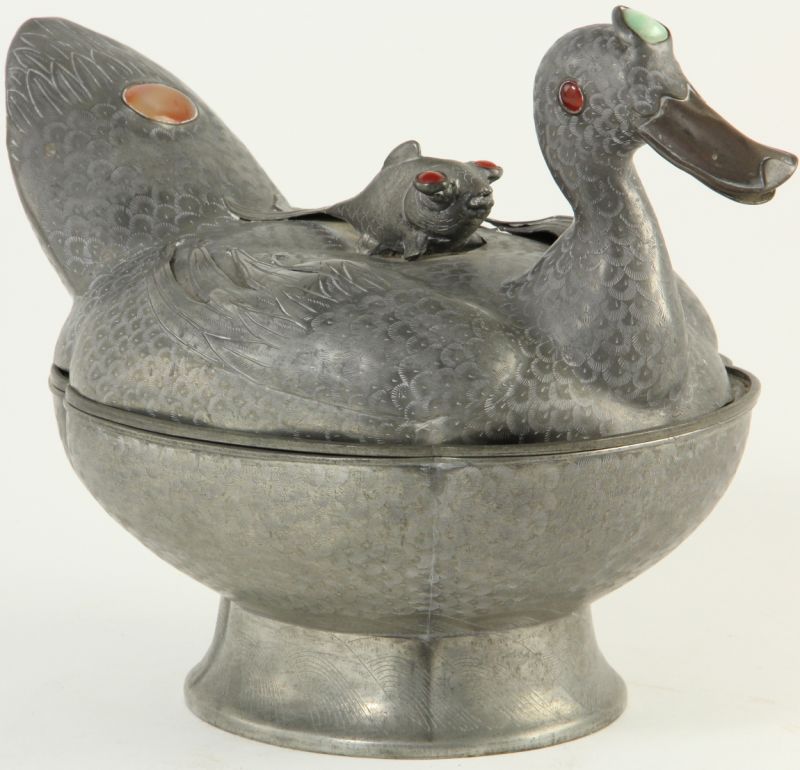Chinese Pewter Duck Shaped Covered 15cbf5