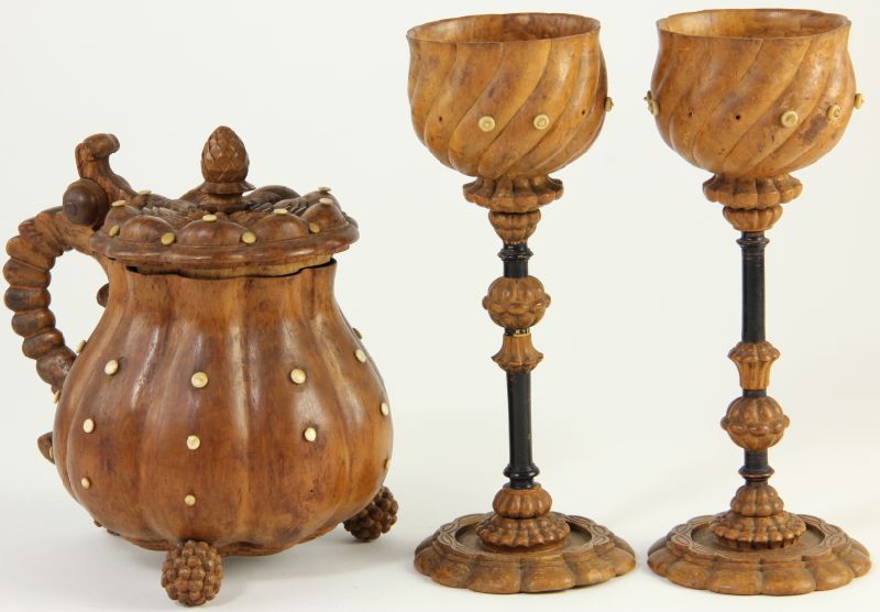 Two Treenware Goblets and Lidded Pitcher19th