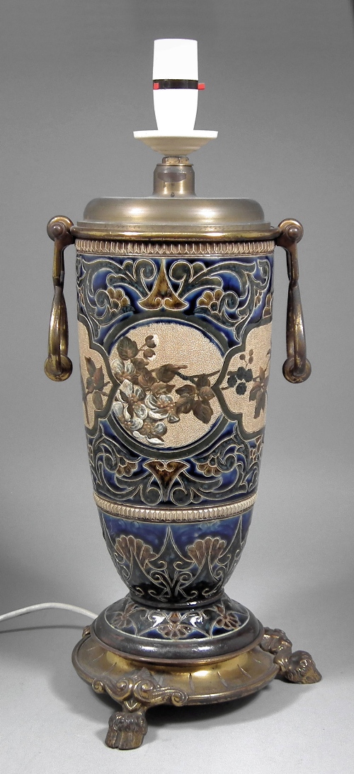 A Doulton stoneware and lacquered brass-mounted