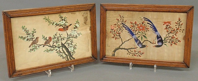 Pair of oak framed colorful bird paintings