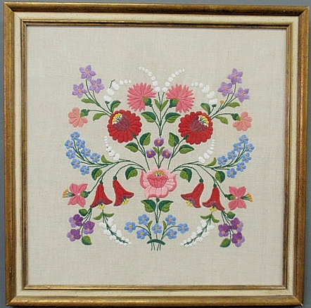 Silk on linen floral sampler 20th c.