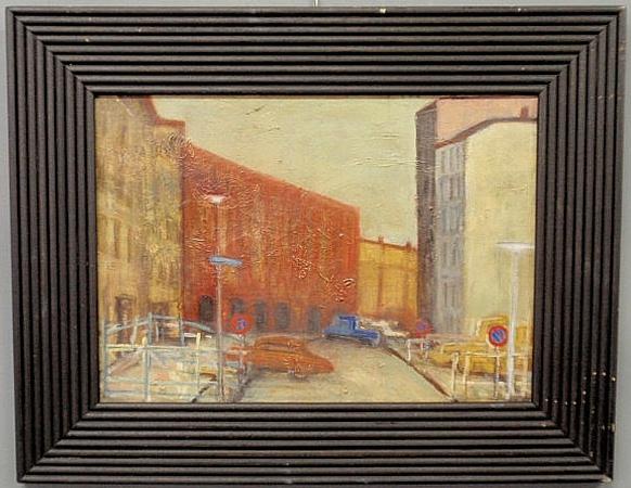 Oil on canvas city scene with cars