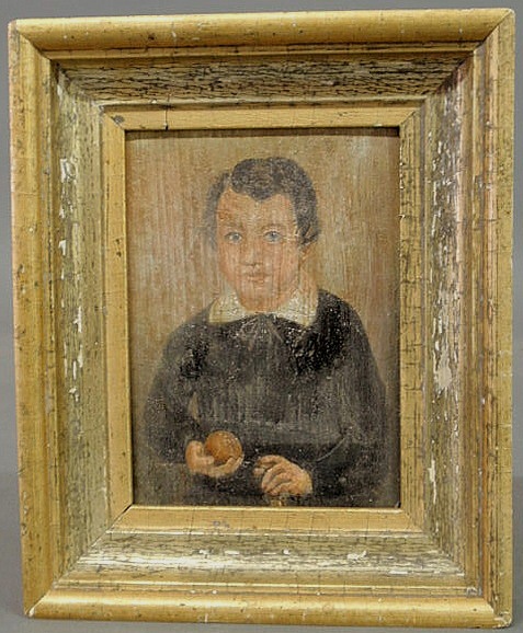 Oil on board painting of a boy holding