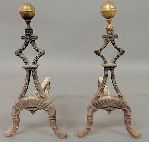 Pair of cast iron and brass ball-top
