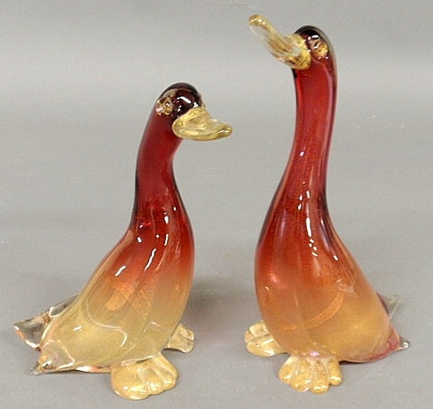 Pair of red Murano glass standing ducks.