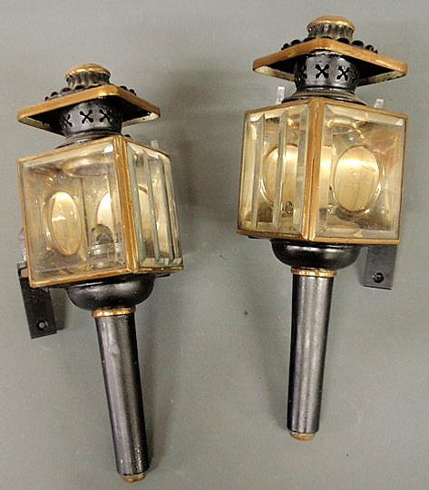 Two small metal carriage lamps with
