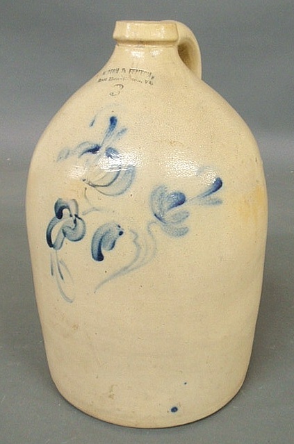 Three-gallon stoneware jug with blue