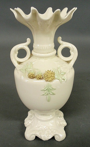 Belleek vase with scrolled handles and
