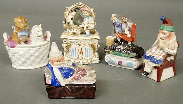 Five 19th c. Staffordshire figural covered