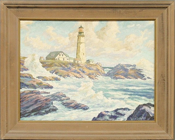 Oil on masonite painting of a lighthouse