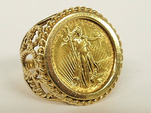 Ladies 14k gold coin ring with