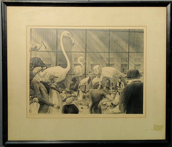 Humorous print of flamingos and people