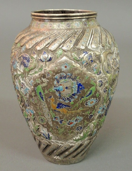 Silver metal Indonesian vase with colorful