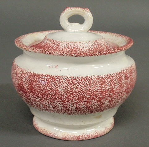 Red spatterware covered sugar pot