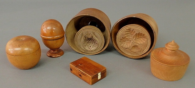 Six pieces of woodware- 2 maple butter