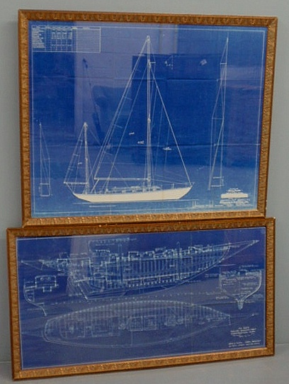 Two large framed nautical blueprint