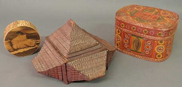 Tramp Art carved pyramid-form box 8h.x13w.