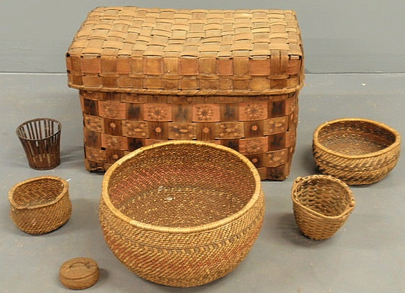 Large woven basket with paint decoration
