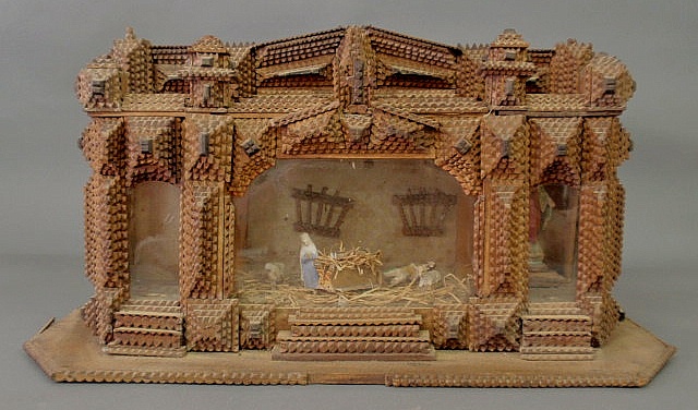 Tramp Art carved nativity scene with