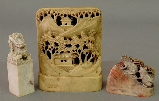 Three pieces of carved soapstone- Foo