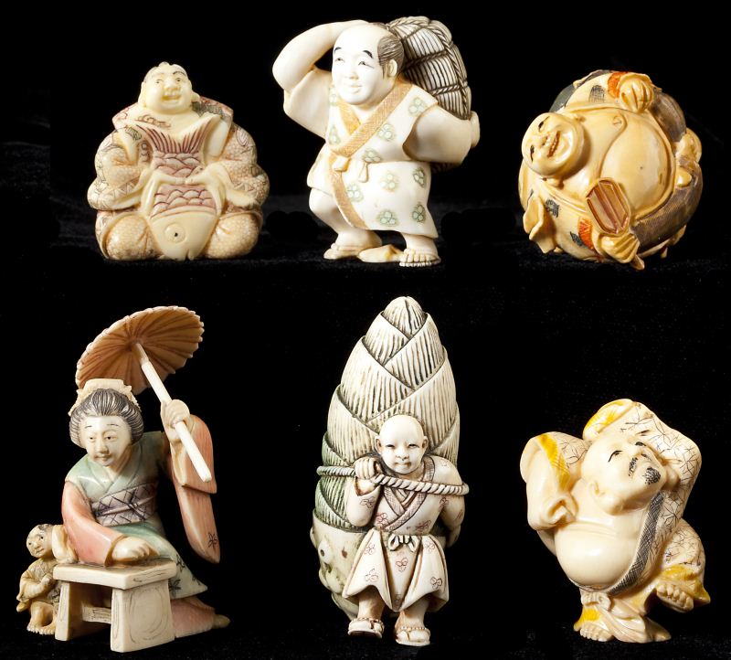 Group of Six Japanese Tinted Ivory Netsukesall