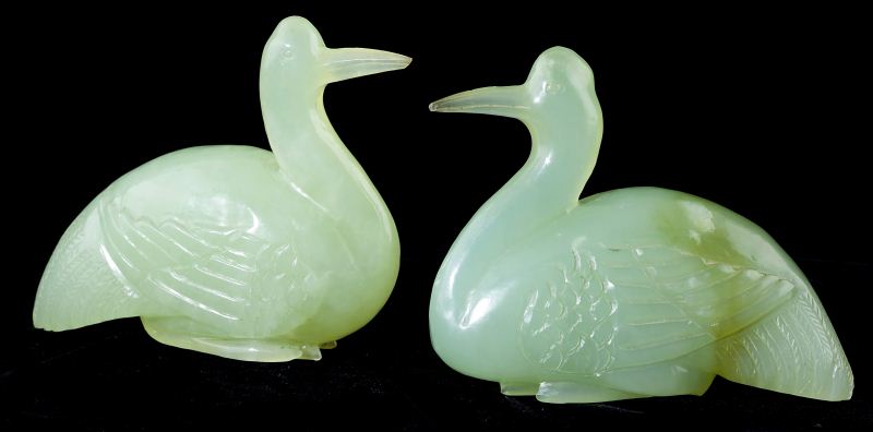 Pair of Chinese Green Jade Cranes(or