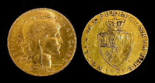 A 1907 French 20 Franc piece (fair)