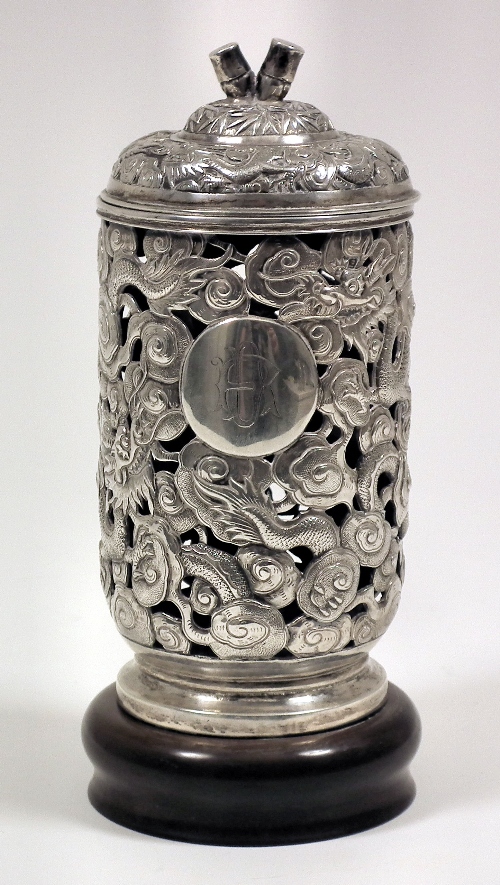 A Chinese silvery metal cylindrical