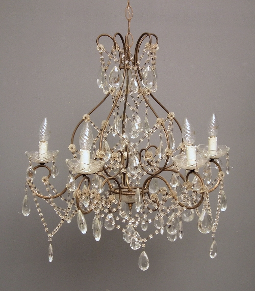 A five light glass and gilt brass chandelier