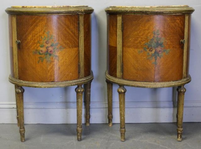 Pair of Satinwood Marble Top Cabinets.Demilune