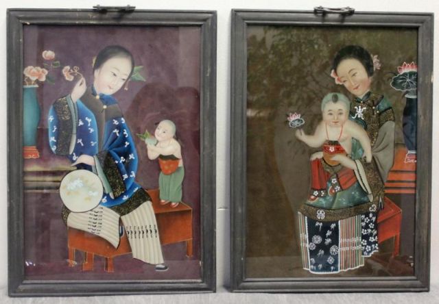 2 Framed Asian Reverse Paintings