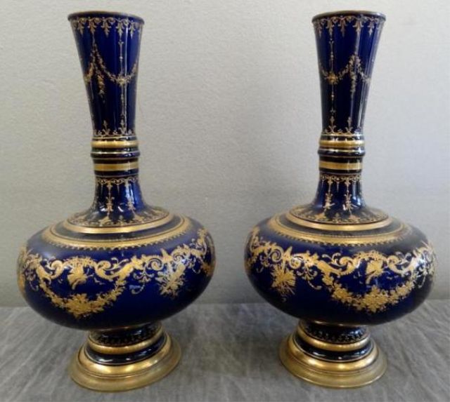 Pair of Bronze Mounted Blue & Gilt