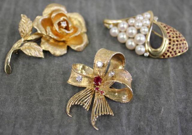 Three 14kt Gold and Diamond Brooches Includes 15e4fe