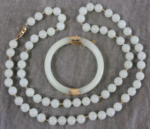 Jade and 14 Kt Gold Necklace and Bracelet.From