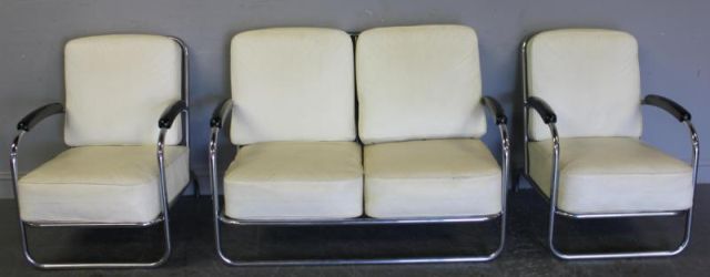 Three Piece Art Deco Chrome Upholstered 15e54b