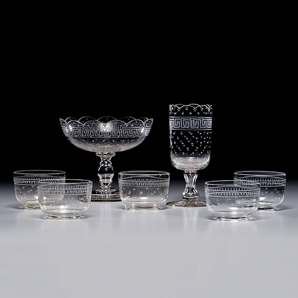 Blown and Etched Glass American. A seven-piece