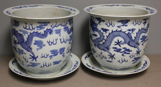 Pair of Asian Blue & White Planters
